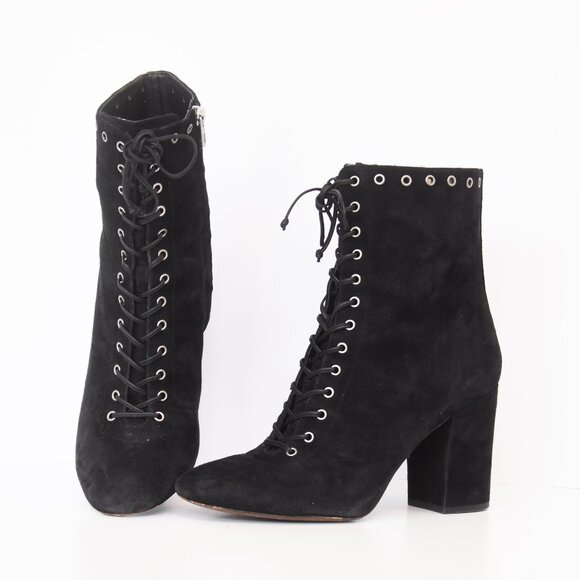 Coach Black Suede Leather Booties Dean Lace-up Block Heel Gromet Detail 10B - Picture 1 of 16